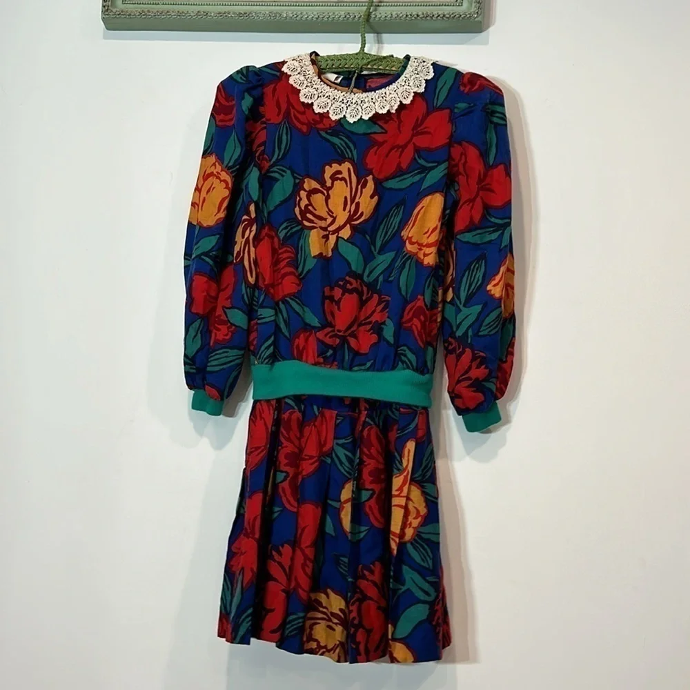 DORISSA INTERNATIONAL NICOLE DRESS VINTAGE blue FLORAL VICTORIAN  PUFF SLEEVE 10
